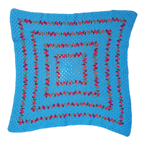 Vintage Handmade Granny Square  Blue Red Pink Crochet Afghan Throw Blanket - Picture 6 of 6